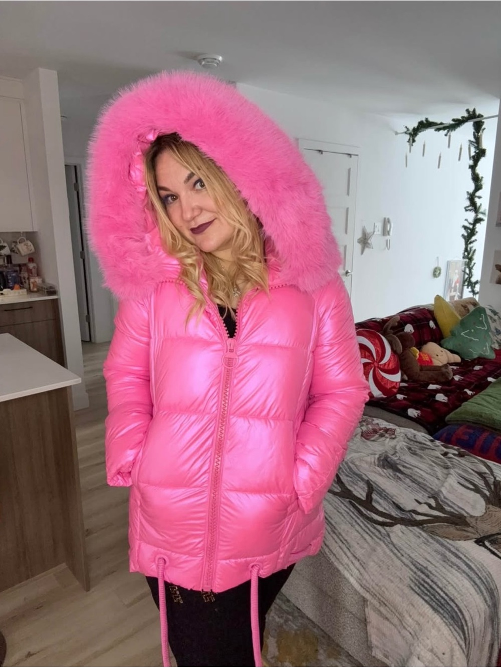 Hot Pink Puffer Jacket with Faux Fur Hood